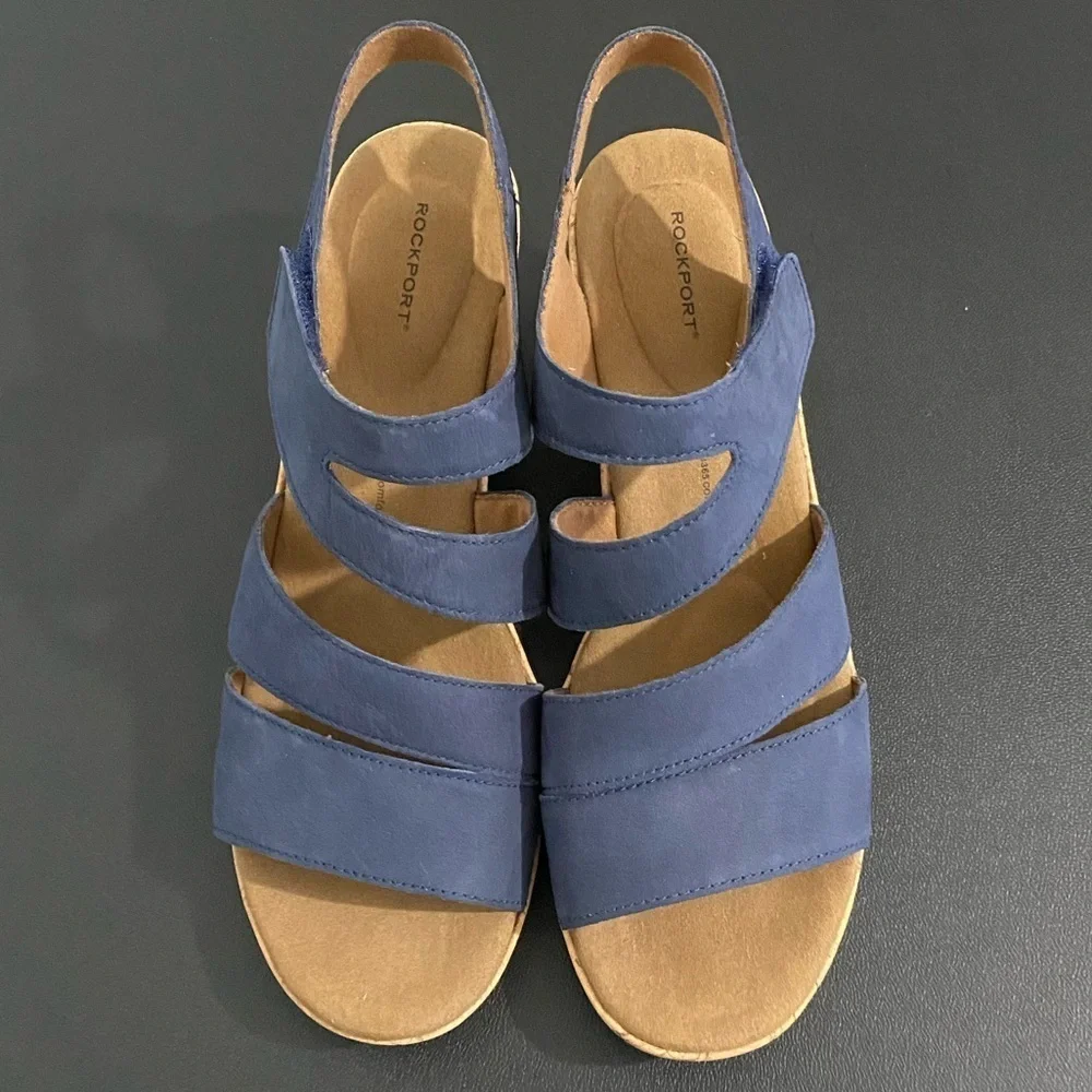 Rockport New Briah Platform Wedge Heel Sandals Size 10 Nubuck Leather Blue